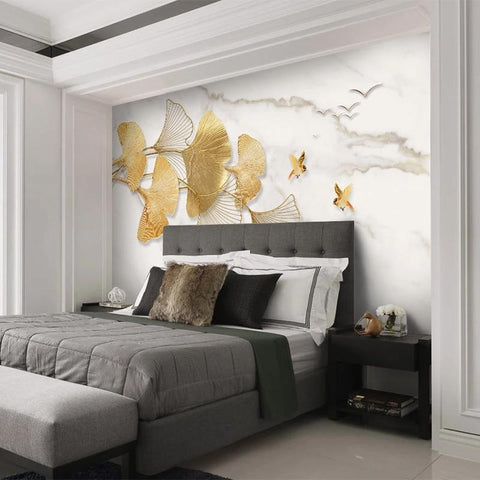 Image of Golden Ginkgo Leaf, Flying Bird ,Marble Wallpaper Mural, Custom Sizes Available Household-Wallpaper Maughon's 