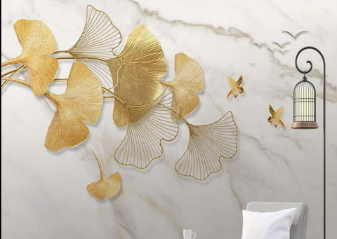 Golden Ginkgo Leaf, Flying Bird ,Marble Wallpaper Mural, Custom Sizes Available Household-Wallpaper Maughon's 