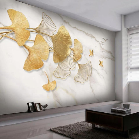Golden Ginkgo Leaf, Flying Bird ,Marble Wallpaper Mural, Custom Sizes Available Household-Wallpaper Maughon's 