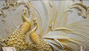 Exquisite Golden Peacocks Relief Wallpaper Mural, Custom Sizes Available