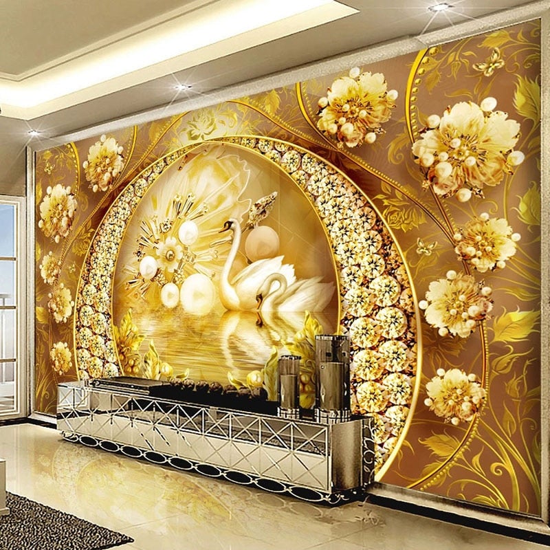 Golden Swans, Flowers and Jewelry Wallpaper Mural, Custom Sizes Avaialble Wall Murals Maughon's 