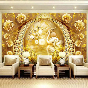 Golden Swans, Flowers and Jewelry Wallpaper Mural, Custom Sizes Available