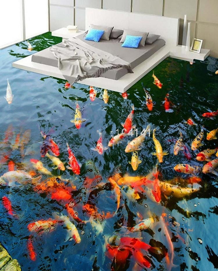 Koi Pond Vinyl PVC Floor Mural, Self Adhesive, Custom Sizes Available