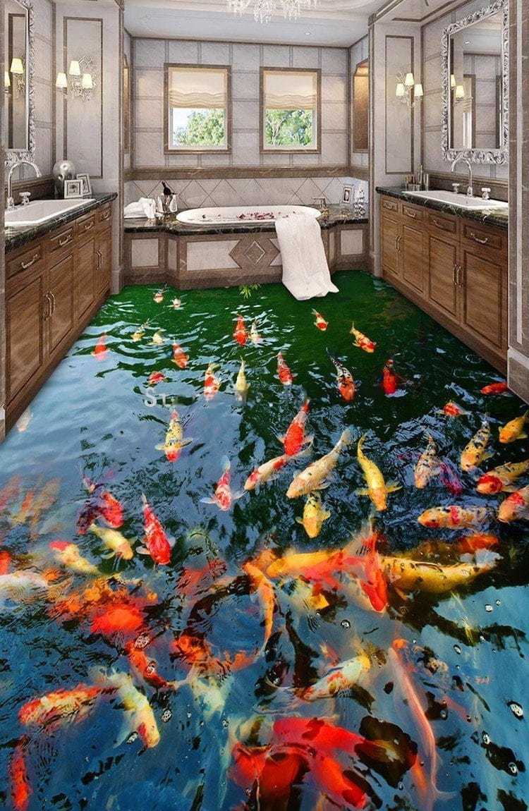 Koi Pond Vinyl PVC Floor Mural, Self Adhesive, Custom Sizes Available