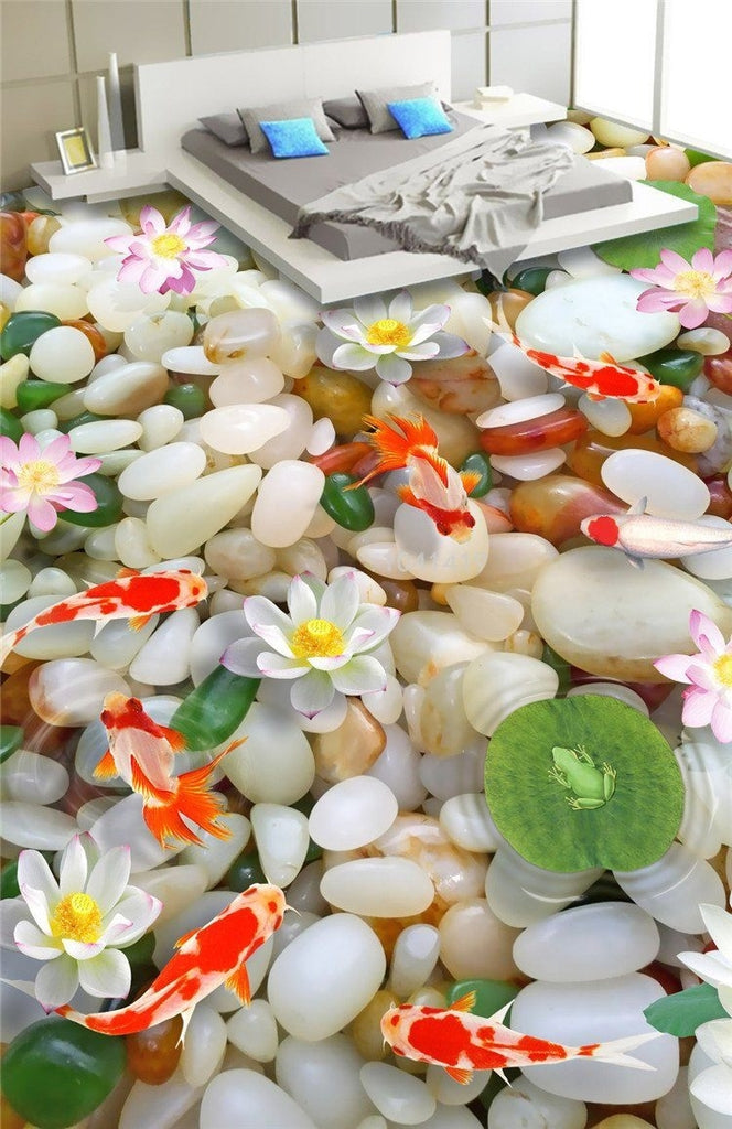 Goldfish, White River Pebbles and Lotus  Self Adhesive Floor Mural, Custom Sizes Available
