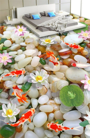Goldfish, White River Pebbles y Lotus Mural autoadhesivo para piso, tamaños personalizados disponibles