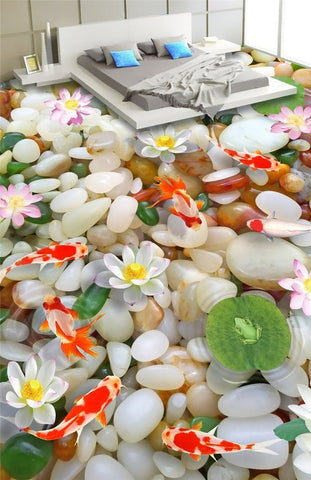 Image of Goldfish, White River Pebbles and Lotus  Self Adhesive Floor Mural, Custom Sizes Available