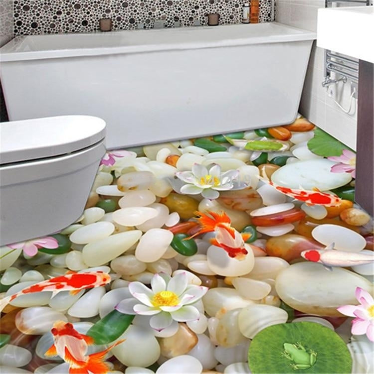 Goldfish, White River Pebbles and Lotus  Self Adhesive Floor Mural, Custom Sizes Available
