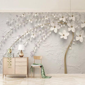 Magnífico mural de papel pintado con flores blancas en relieve, tamaños personalizados disponibles