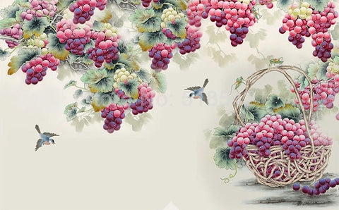 Image of Grape Clusters and Birds Wallpaper Mural, Custom Sizes Available Wall Murals Maughon's 