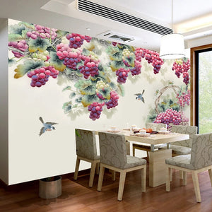 Grape Clusters and Birds Wallpaper Mural, Custom Sizes Available