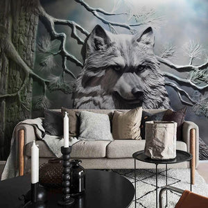 Mural de papel pintado con escultura en relieve de lobo gris, tamaños personalizados disponibles