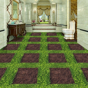 Green Lawn With Squares Self-Adhesive Floor Mural, Custom Sizes Available