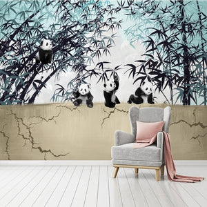 Cute Pandas in a Bamboo Forest Wallpaper Mural, Custom Sizes Available