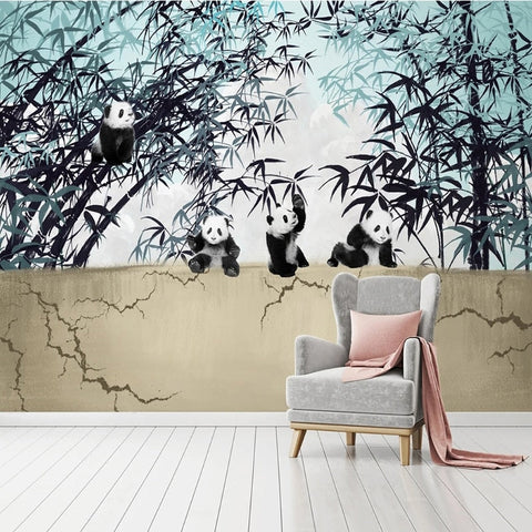 Image of Hand Drawn Pandas in a Bamboo Forest Wallpaper Mural, Custom Sizes Available Wall Murals Maughon's 