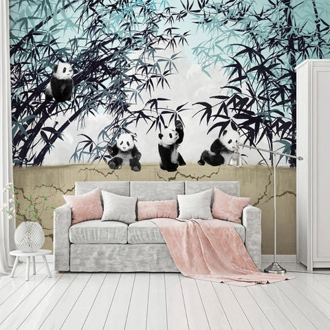 Image of Hand Drawn Pandas in a Bamboo Forest Wallpaper Mural, Custom Sizes Available Wall Murals Maughon's Waterproof Canvas 