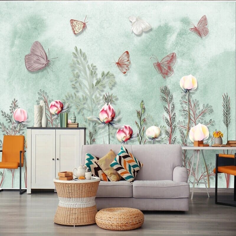 Hand-Painted Butterflies and Peonies Wallpaper Mural, Custom Sizes Available Wall Murals Maughon's 