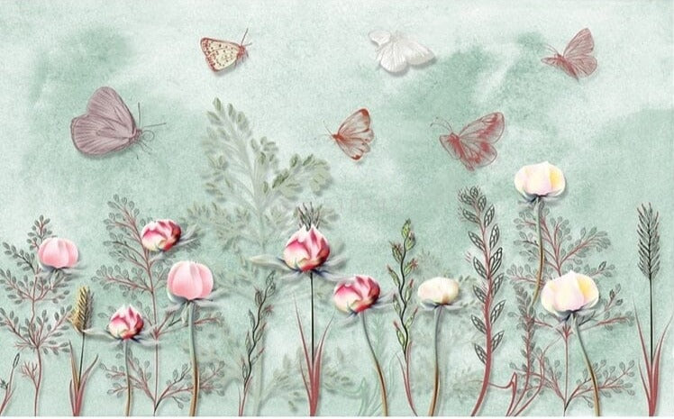 Hand-Painted Butterflies and Peonies Wallpaper Mural, Custom Sizes Available Wall Murals Maughon's 