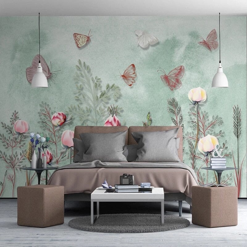 Hand-Painted Butterflies and Peonies Wallpaper Mural, Custom Sizes Available Wall Murals Maughon's 