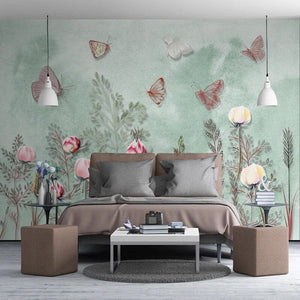 Hand-Painted Butterflies and Peonies Wallpaper Mural, Custom Sizes Available