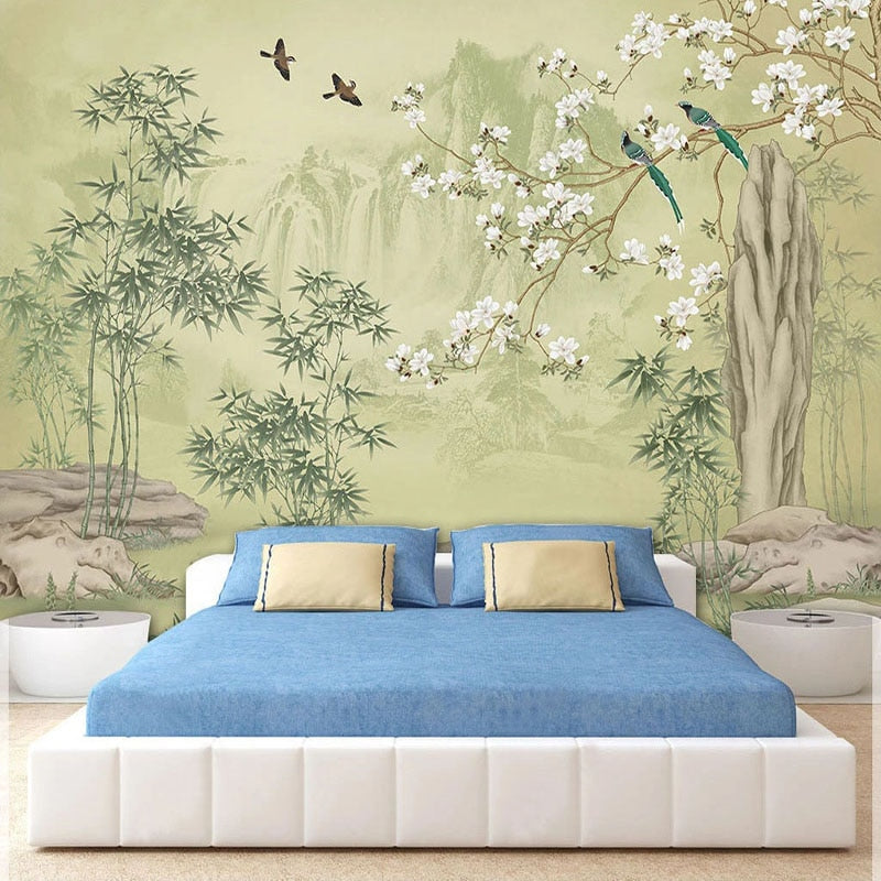 Hand-Painted Chinese Birds and Bamboo Wallpaper Mural, Custom Sizes Available Wall Murals Maughon's 