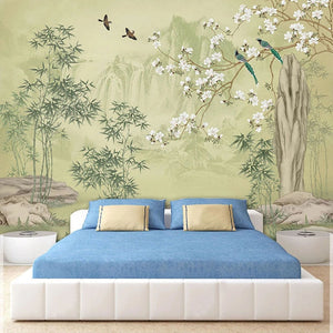 Hand-Painted Chinese Birds and Bamboo Wallpaper Mural, Custom Sizes Available