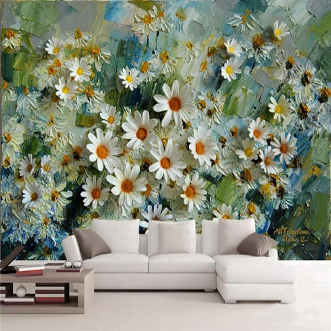 Image of Hand-Painted Daisies Wallpaper Mural, Custom Sizes Available Household-Wallpaper Maughon's 
