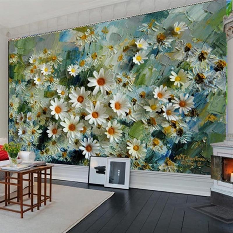 Hand-Painted Daisies Wallpaper Mural, Custom Sizes Available Household-Wallpaper Maughon's 