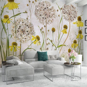 Hand Painted Dandelions and Coneflowers Wallpaper Mural, Custom Sizes Available