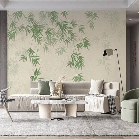 Image of Hand-Painted Green Bamboo Leaves Wallpaper Mural, Custom Sizes Available Wall Murals Maughon's 