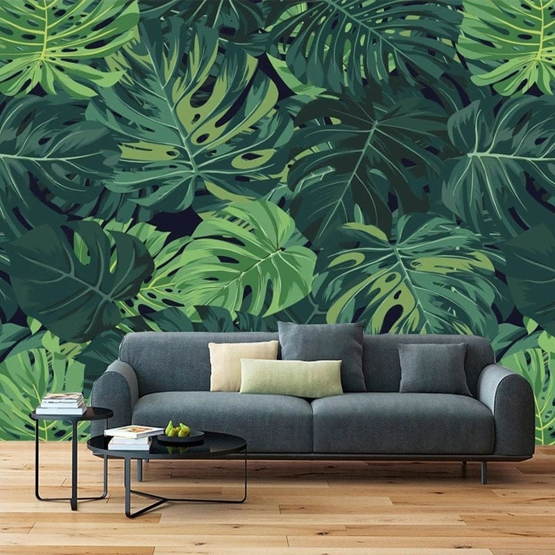 Hand-Painted Green Monstera Leaves Wallpaper Mural, Custom Sizes Available Wall Murals Maughon's 