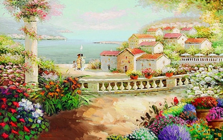 Hand-Painted Idyllic Village Landscape Wallpaper Mural, Custom Sizes Available Wall Murals Maughon's 