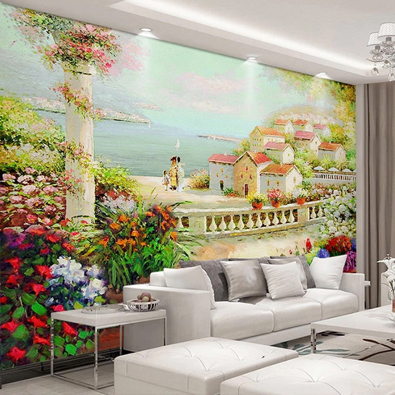 Hand-Painted Idyllic Village Landscape Wallpaper Mural, Custom Sizes Available Wall Murals Maughon's 