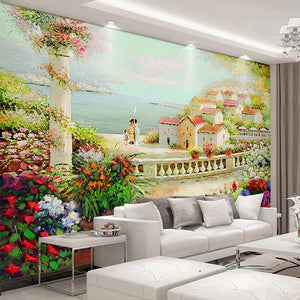 Hand-Painted Idyllic Village Landscape Wallpaper Mural, Custom Sizes Available