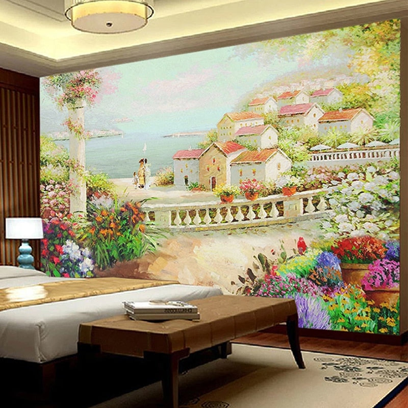 Hand-Painted Idyllic Village Landscape Wallpaper Mural, Custom Sizes Available Wall Murals Maughon's 