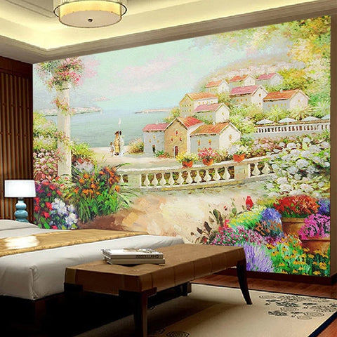 Image of Hand-Painted Idyllic Village Landscape Wallpaper Mural, Custom Sizes Available Wall Murals Maughon's 