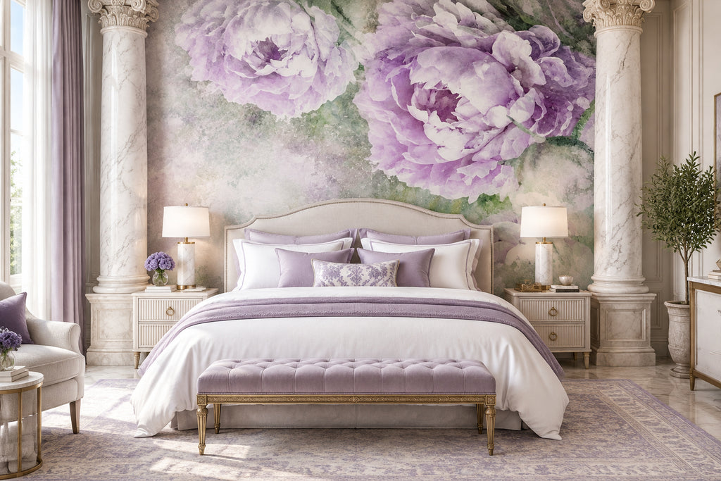 Hand Painted Lavender Peonies Wallpaper Mural, Custom Sizes Available Wall Murals Maughon's 