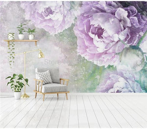 Hand Painted Lavender Peonies Wallpaper Mural, Custom Sizes Available