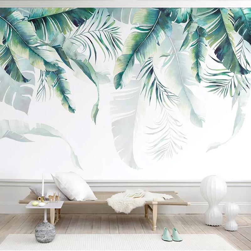 Hand-Painted Palm Leaves Wallpaper Mural, Custom Sizes Available Household-Wallpaper Maughon's 