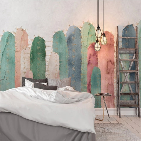 Image of Hand Painted Pastel Cactus Wallpaper Mural, Custom Sizes Available Maughon's 