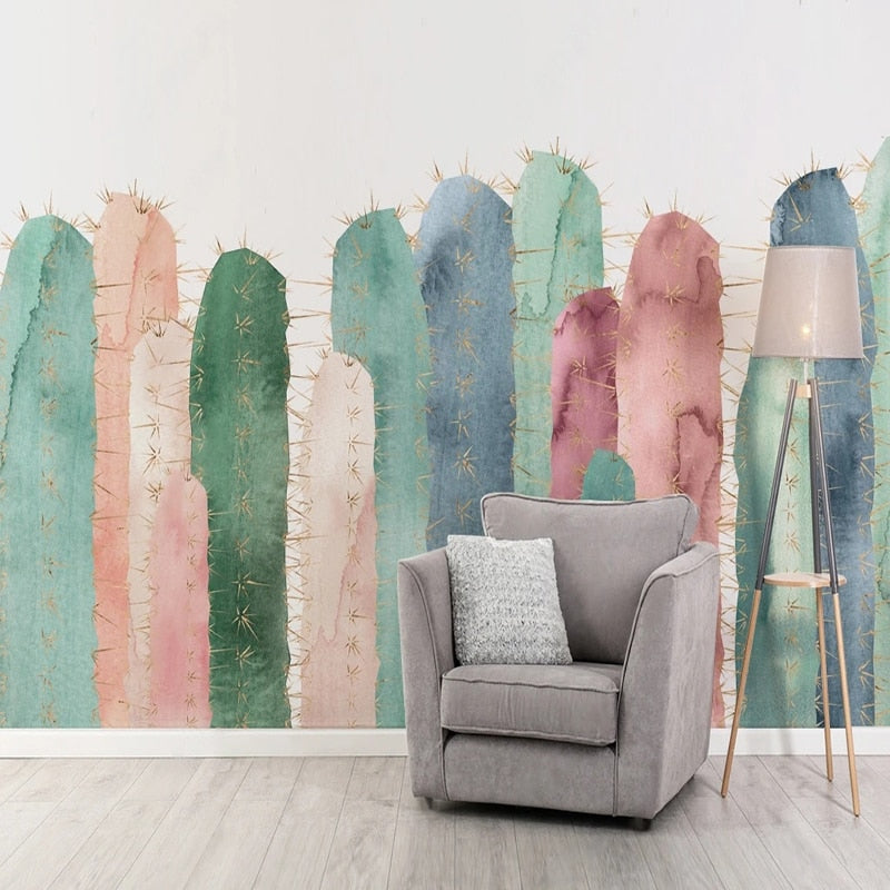 Hand Painted Pastel Cactus Wallpaper Mural, Custom Sizes Available Maughon's Waterproof Canvas 