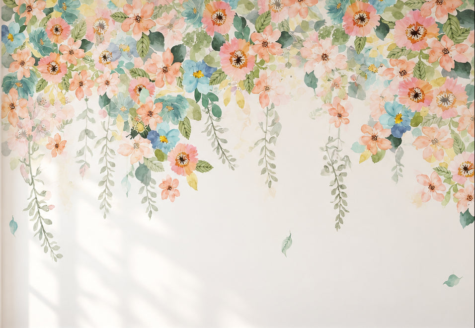Hand Painted Pastel Floral Swag Wallpaper Mural, Custom Sizes Available Wall Murals Maughon's 