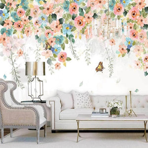 Beautifully Hand Painted Pastel Floral Swag Wallpaper Mural, Custom Sizes Available