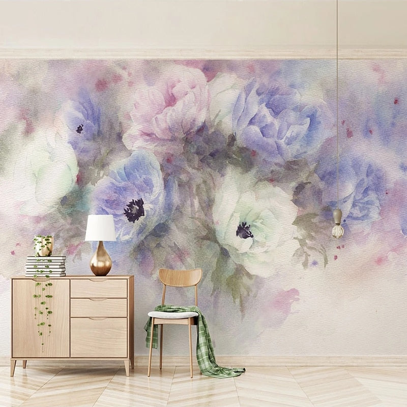 Hand Painted Pastel Floral Wallpaper Mural, Custom Sizes Available Wall Murals Maughon's Waterproof Canvas 