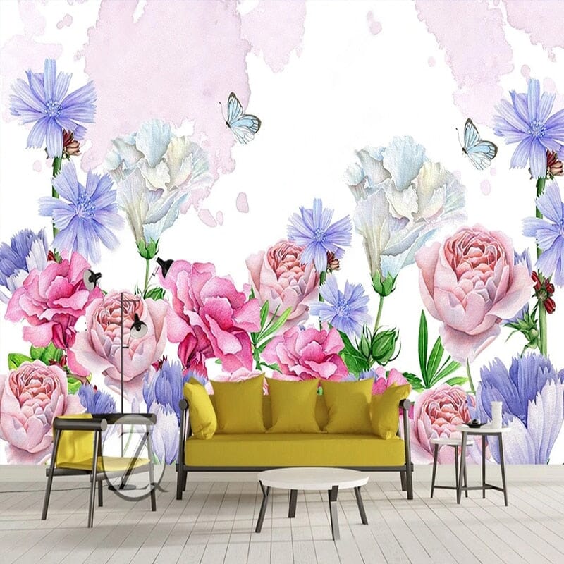 Hand-Painted Pastel Flowers Wallpaper Mural, Custom Sizes Available Wall Murals Maughon's Waterproof Canvas 