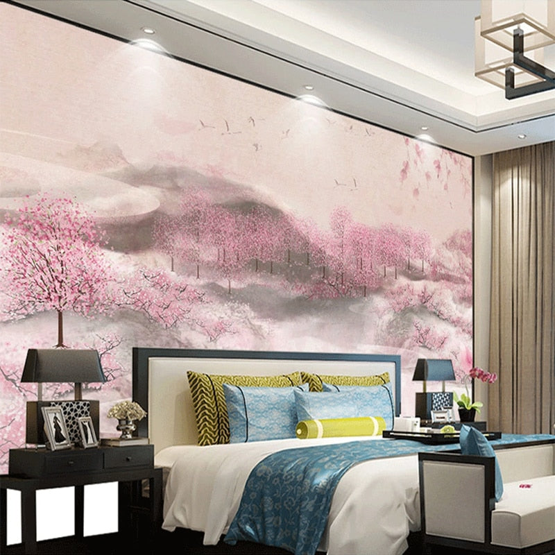 Hand Painted Peach Trees in Bloom Wallpaper Mural, Custom Sizes Available Wall Murals Maughon's 