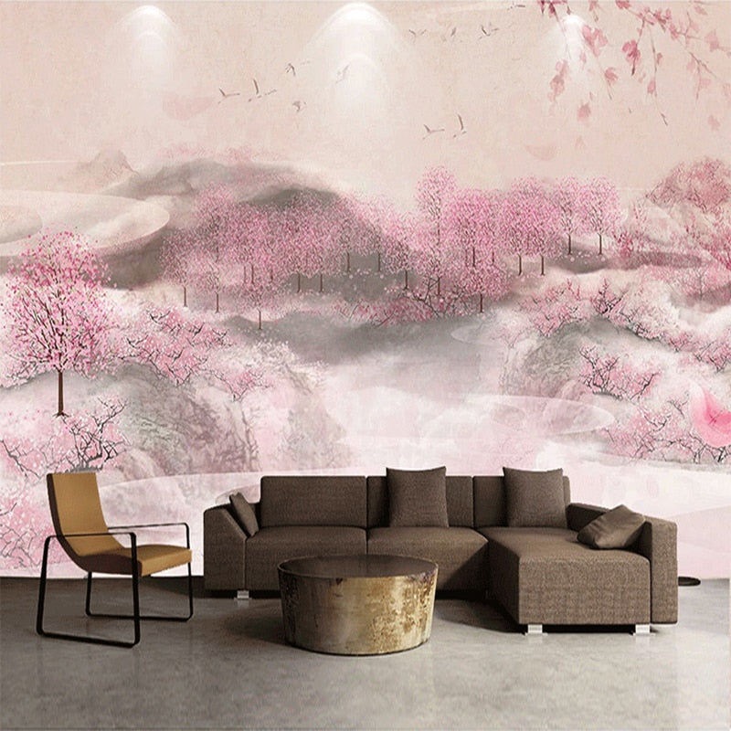 Hand Painted Peach Trees in Bloom Wallpaper Mural, Custom Sizes Available Wall Murals Maughon's 