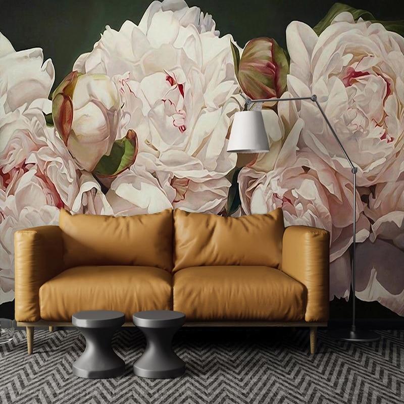 Hand-Painted Peonies Wallpaper Mural, Custom Sizes Available Household-Wallpaper Maughon's 