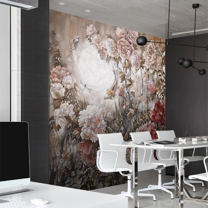Hand-Painted Peony Garden Wallpaper Mural, Custom Murals Available Wall Murals Maughon's 