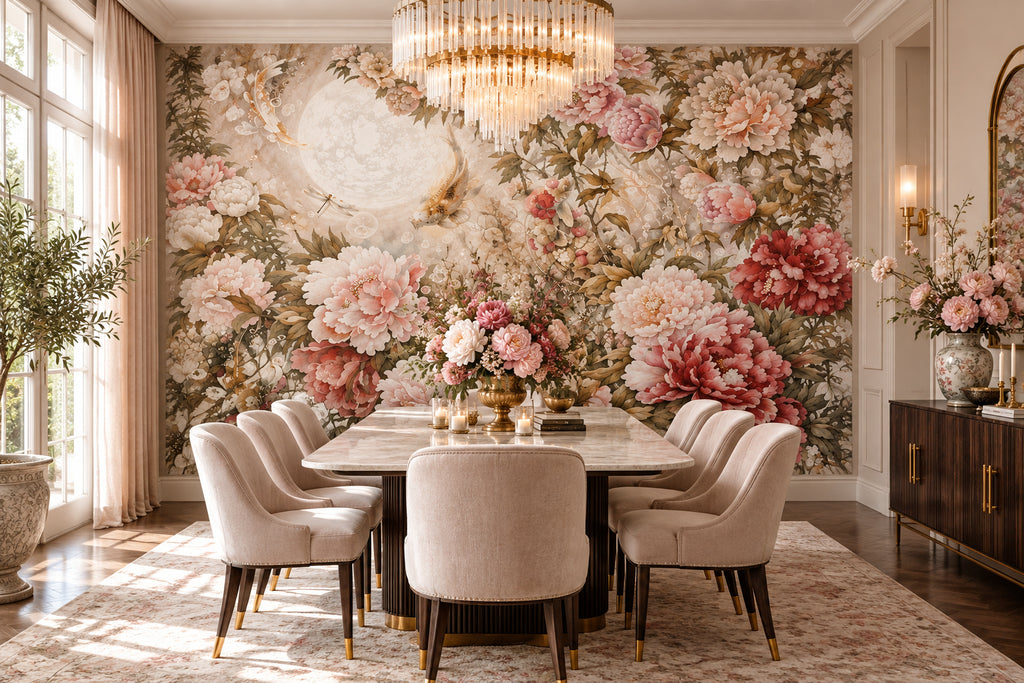 Hand-Painted Peony Garden Wallpaper Mural, Custom Murals Available Wall Murals Maughon's Waterproof Canvas 